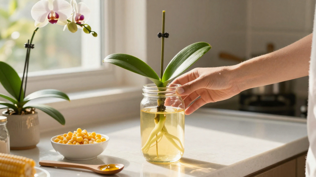 Mão segurando vaso de vidro com orquídea e raízes submersas em água em bancada de cozinha iluminada.