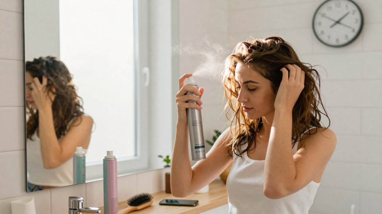 Mulher aplicando spray de cabelo em banheiro moderno com relógio e espelho ao fundo.