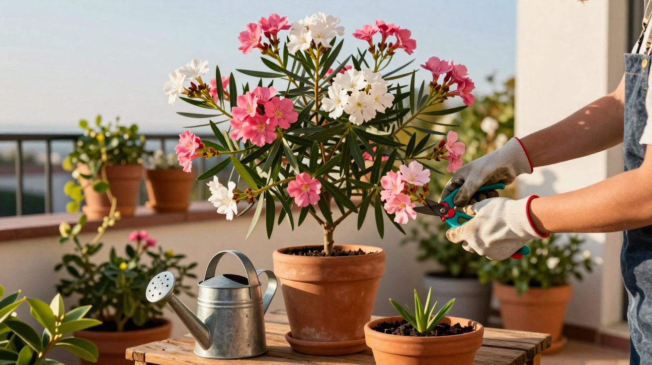 Pessoa podando flores rosas e brancas em vaso de cerâmica sobre mesa de madeira no jardim.
