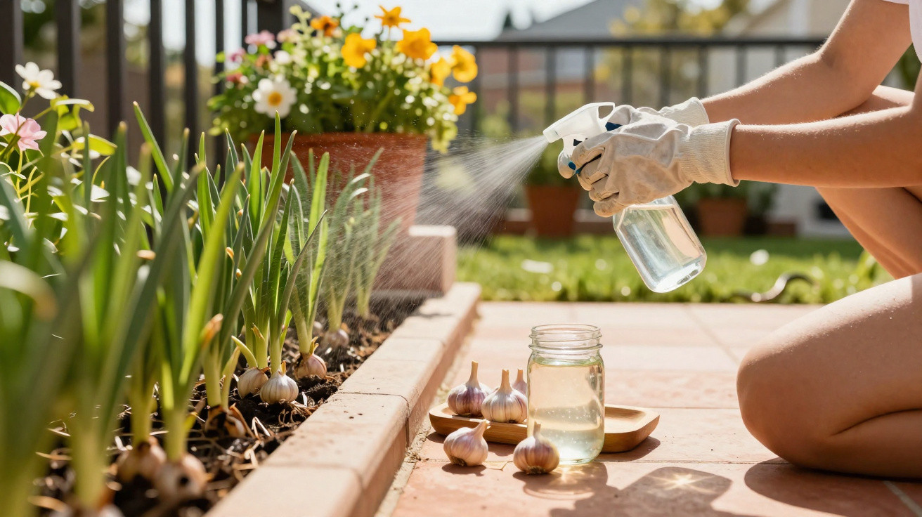 Pessoa regando plantas em canteiro com borrifador, próximo a vasos de flores e dentes de alho.