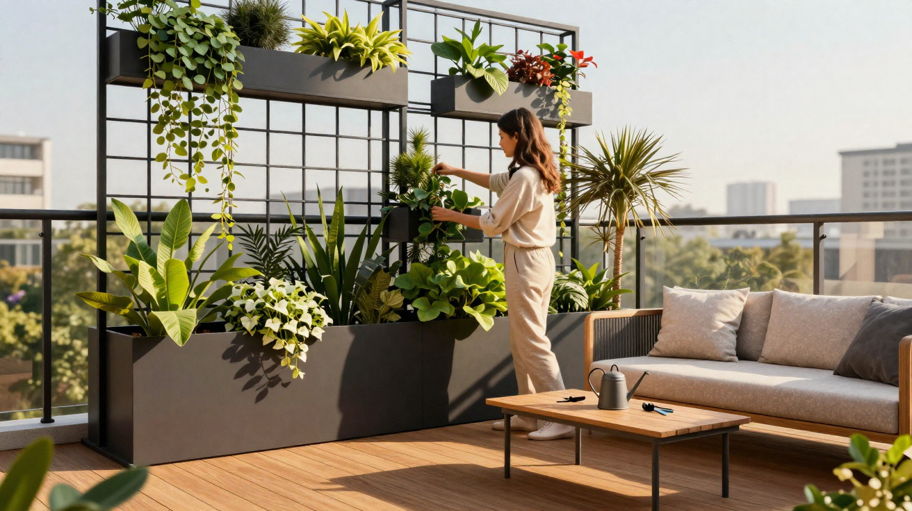 Mulher cuidando de plantas em horta vertical na varanda com sofá e mesa de madeira ao lado.