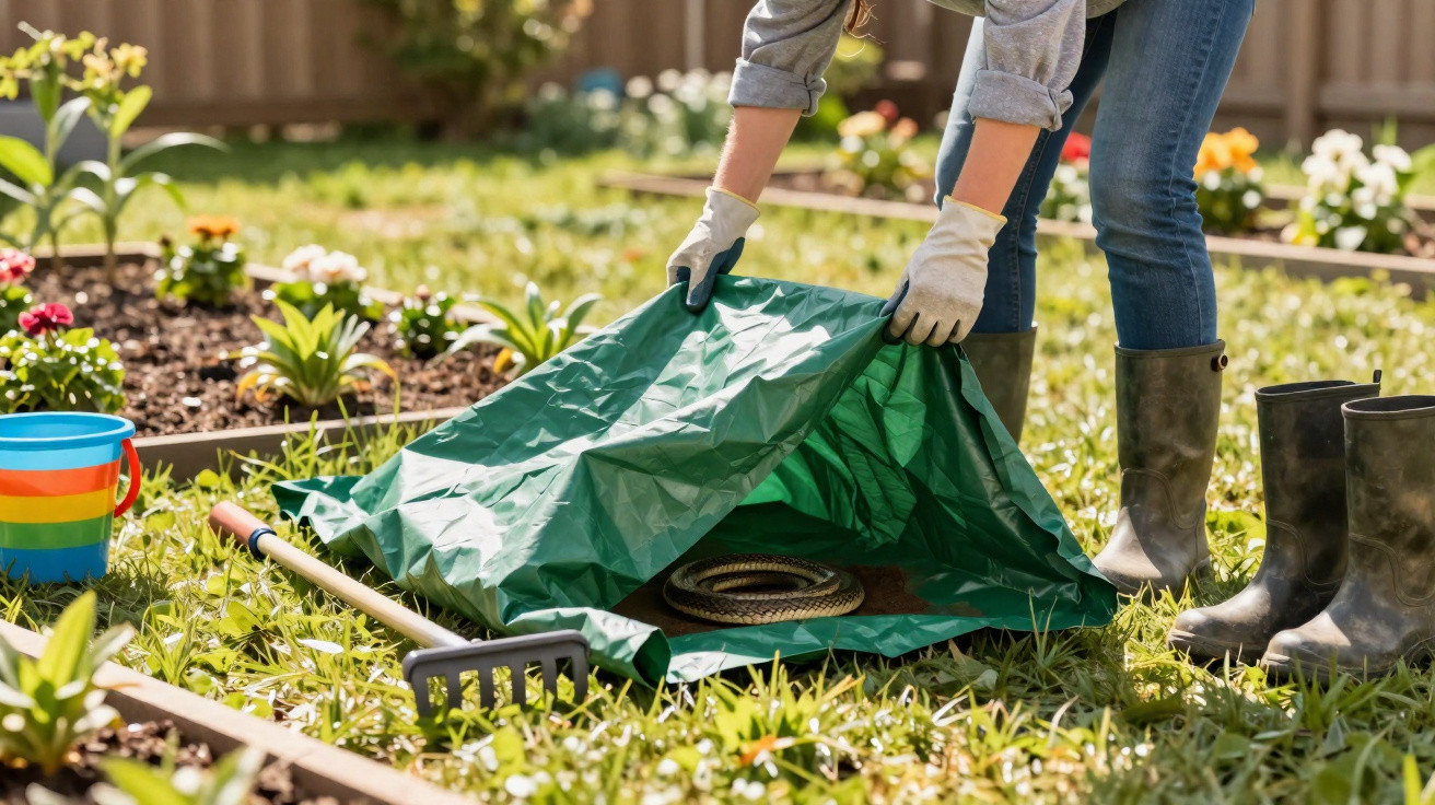 Pessoa protegendo cobra com lona verde em jardim, com ferramentas e botas ao lado.