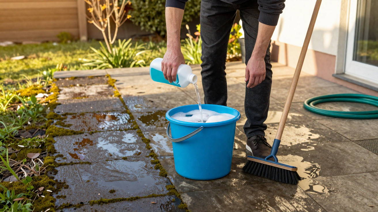 Pessoa despejando detergente em balde azul para lavar piso externo com vassoura ao lado em área ao ar livre.