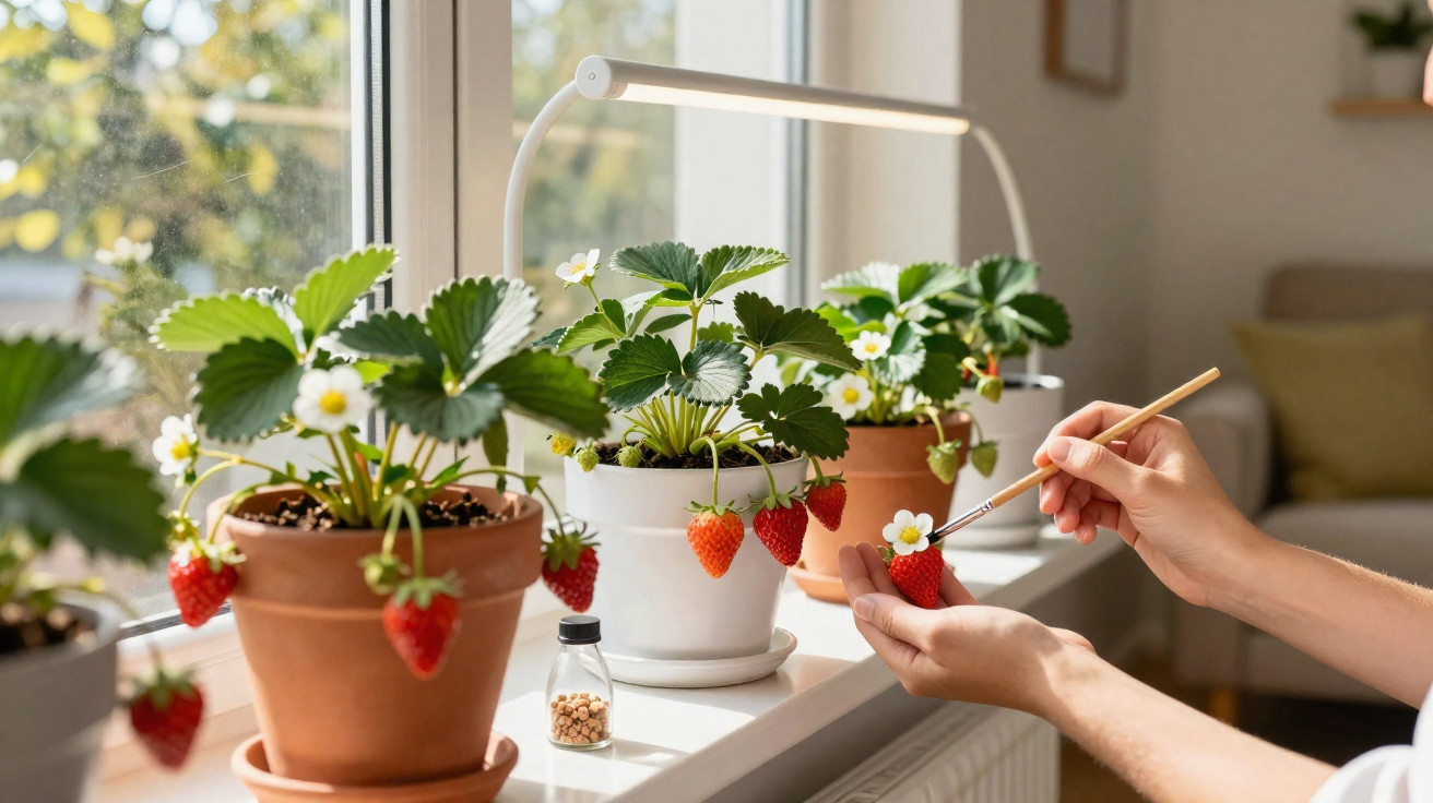 Pessoa cuidando de plantas de morango em vasos na janela, pintando flores com pincel.