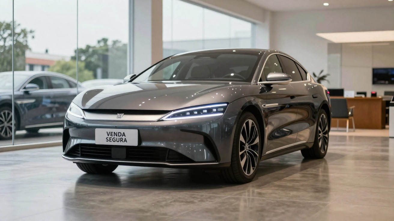 Carro elétrico cinza estacionado dentro de showroom moderno com placa escrita "Venda Segura".