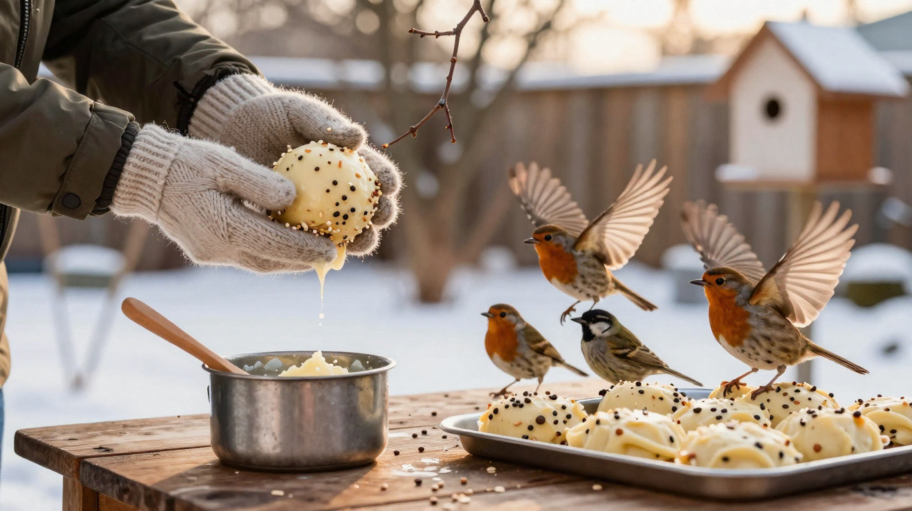 Pessoa com luvas segurando bola com gordura e sementes para alimentar pássaros no inverno, com pequenos pássaros pousando.
