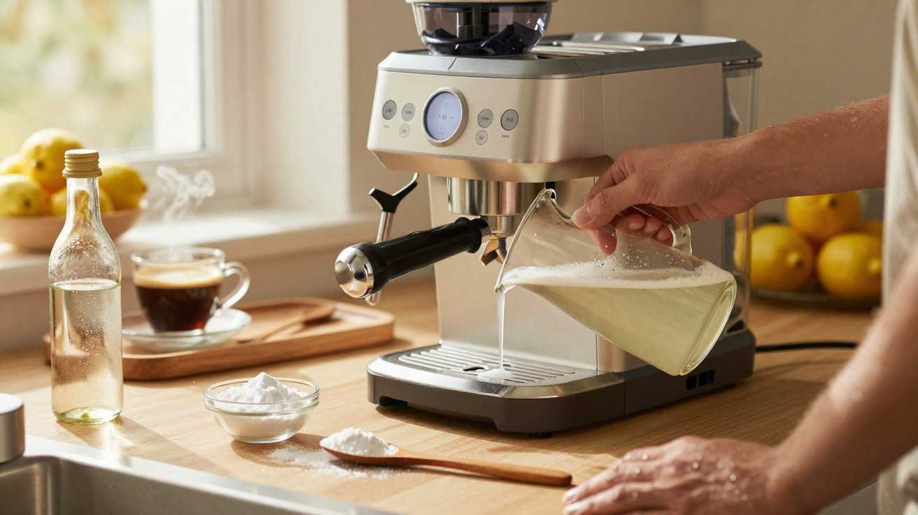 Pessoa preparando café com máquina automática e leite em jarra transparente em cozinha iluminada.