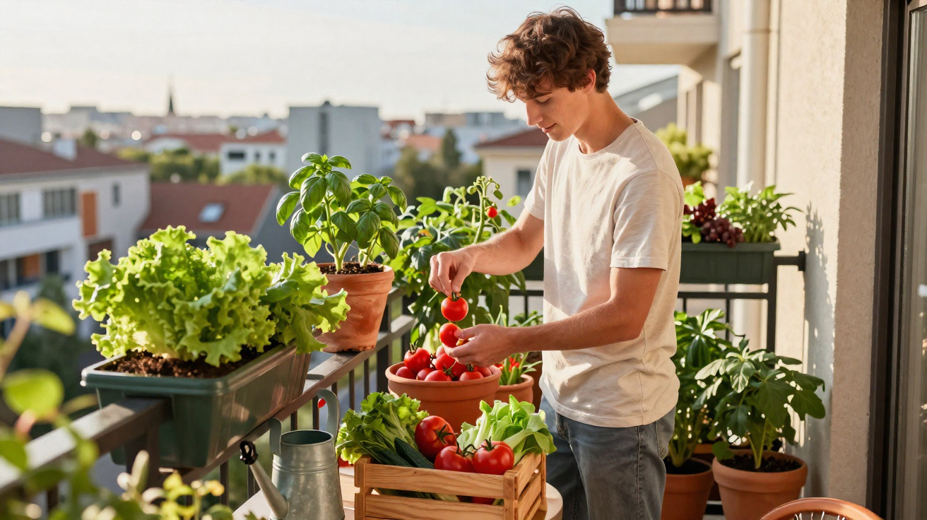Jovem colhendo tomates em vaso na varanda com hortaliças e plantas ao redor durante o dia.
