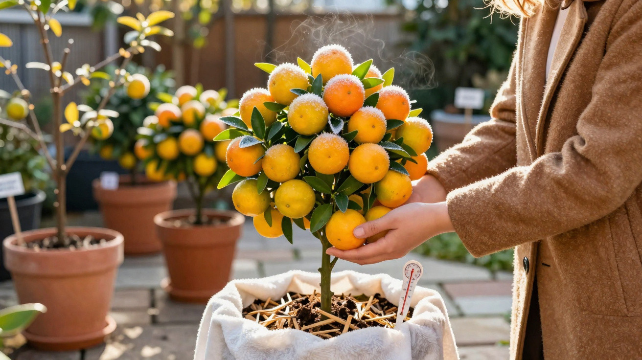 Pessoa cuidando de árvore frutífera com laranjas em vaso coberto por tecido branco.