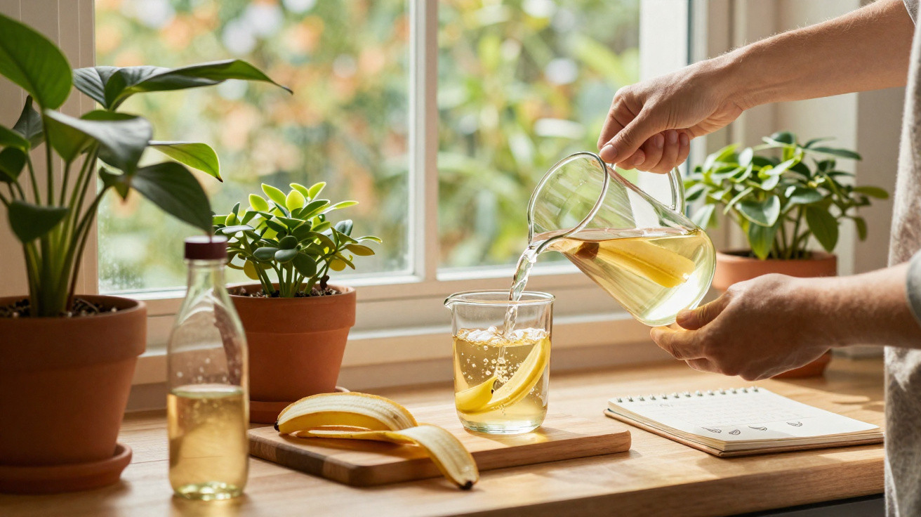 Pessoa servindo água com rodelas de limão em copo na cozinha com plantas e caderno na mesa