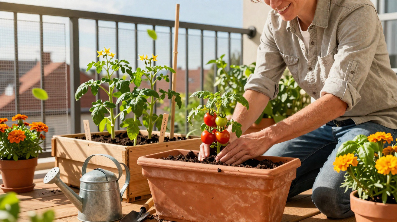 Pessoa cuidando de plantas, incluindo tomateiros com frutos, em uma varanda ensolarada com flores e regador.