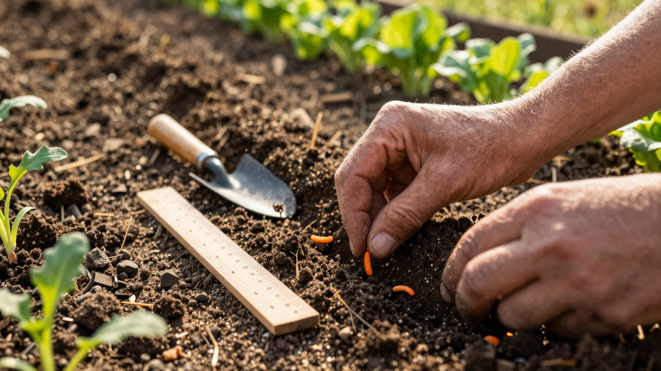 Mãos plantando sementes em solo fértil com pá e régua ao lado em um jardim ensolarado.