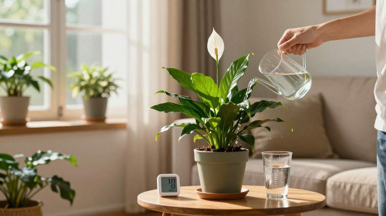 Pessoa regando planta com folhas verdes em vaso sobre mesa redonda ao lado de janela iluminada.