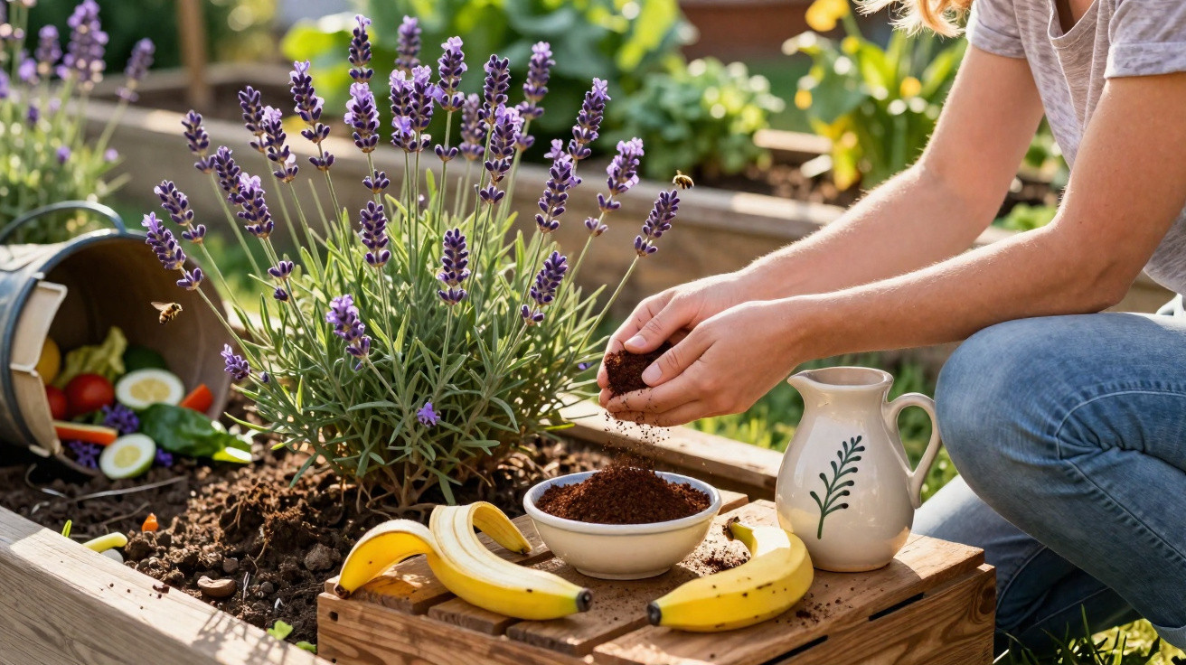 Mulher mexendo em terra junto a vaso de lavanda, bananas e jarra em jardim ensolarado.