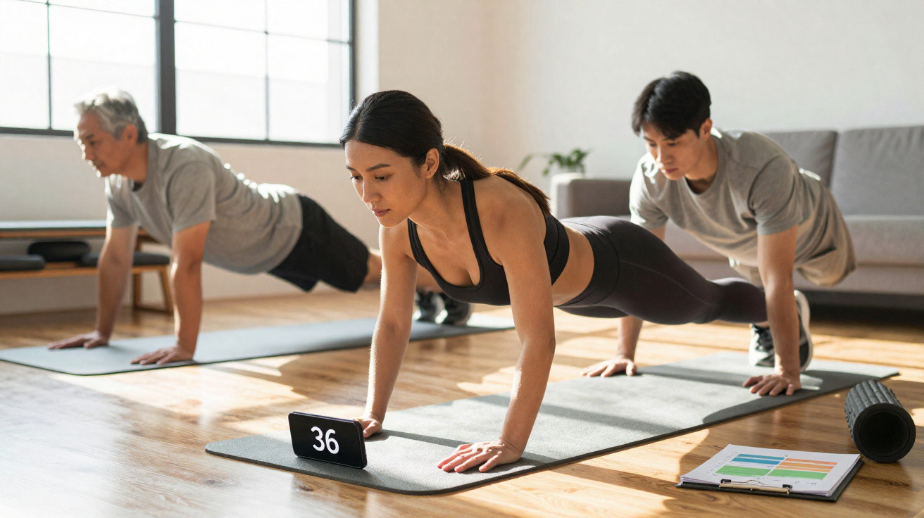 Três pessoas fazem prancha em tapetes de yoga assistindo a cronômetro em dispositivo móvel durante exercício em sala iluminad