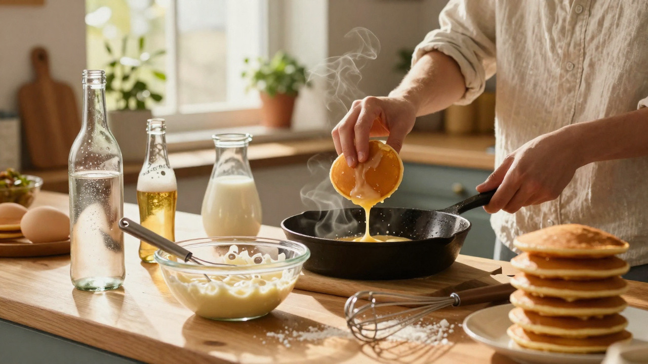 Pessoa despejando massa de panqueca quente em frigideira com pilha de panquecas e utensílios na bancada.