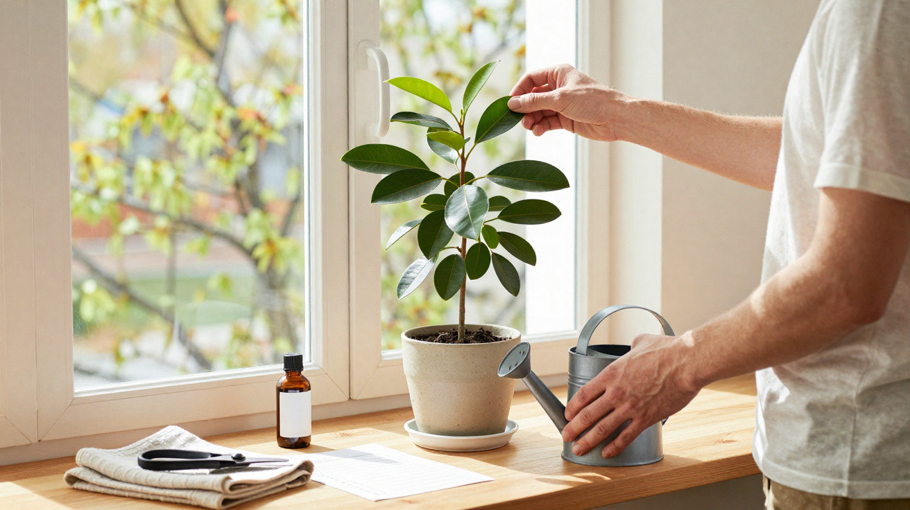 Pessoa cuidando de planta em vaso na janela com regador, frasco e toalha sobre mesa de madeira.