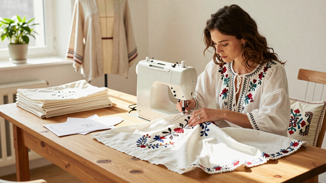 Mulher costurando vestido branco com bordados florais coloridos em máquina de costura.