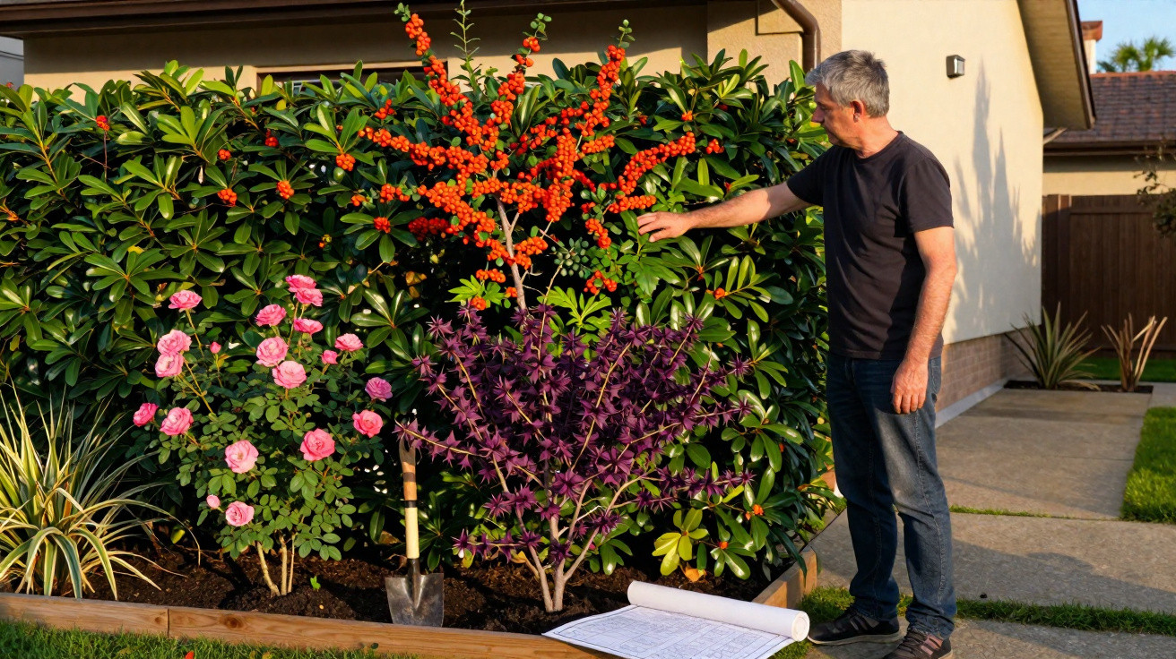 Homem com camiseta preta observa plantas floridas em canteiro ao lado de casa durante o dia.