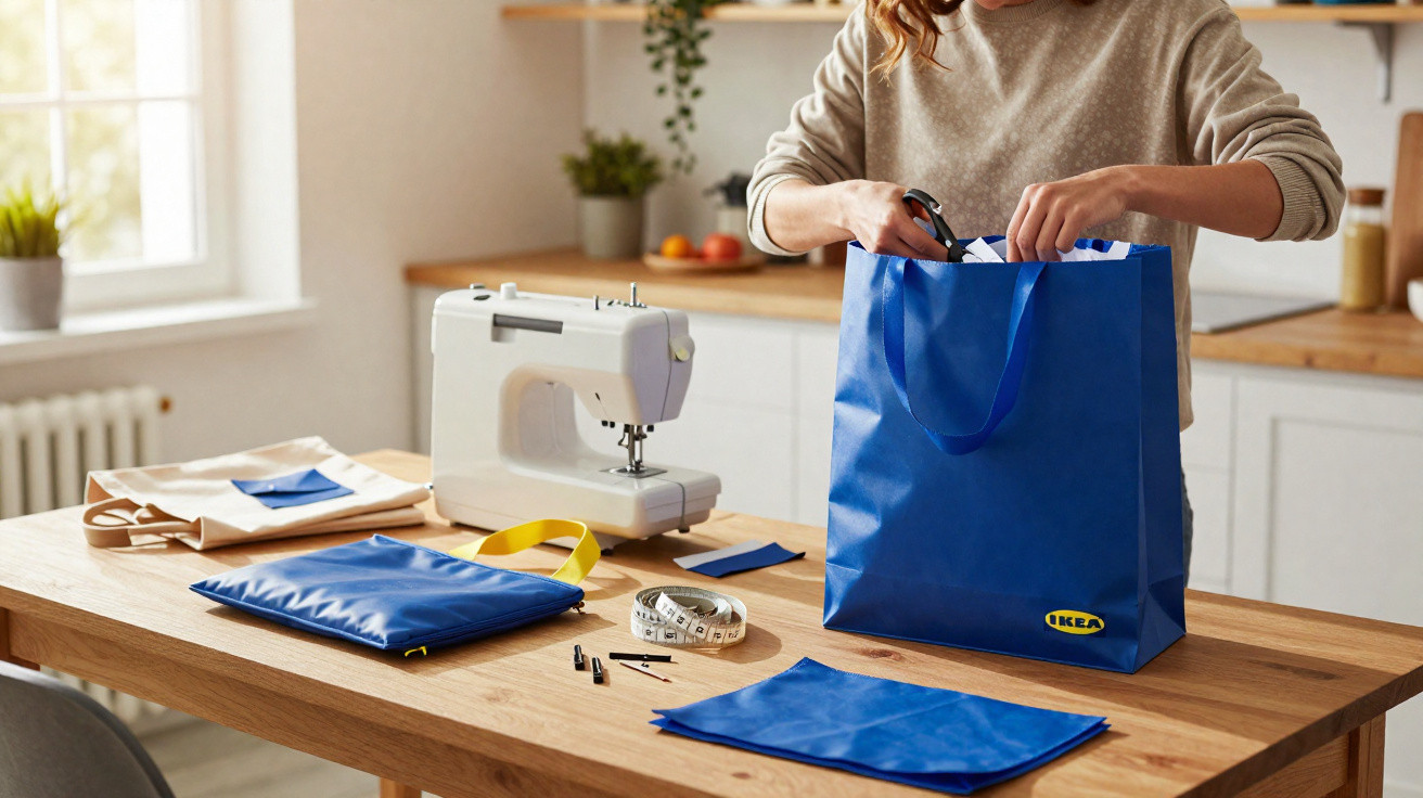 Pessoa usando tesoura para recortar papel dentro de sacola azul da Ikea em mesa com máquina de costura e fita métrica.