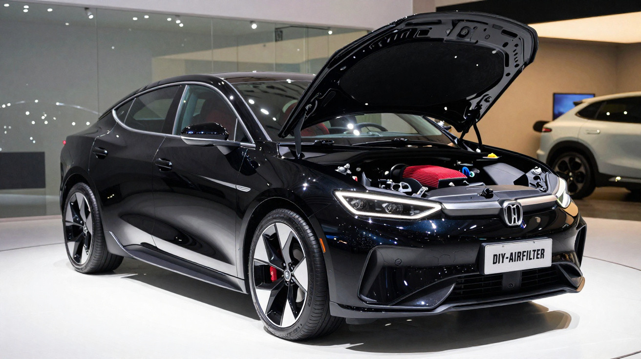 Carro preto Honda com capô aberto exibindo motor vermelho em exposição veicular moderna.
