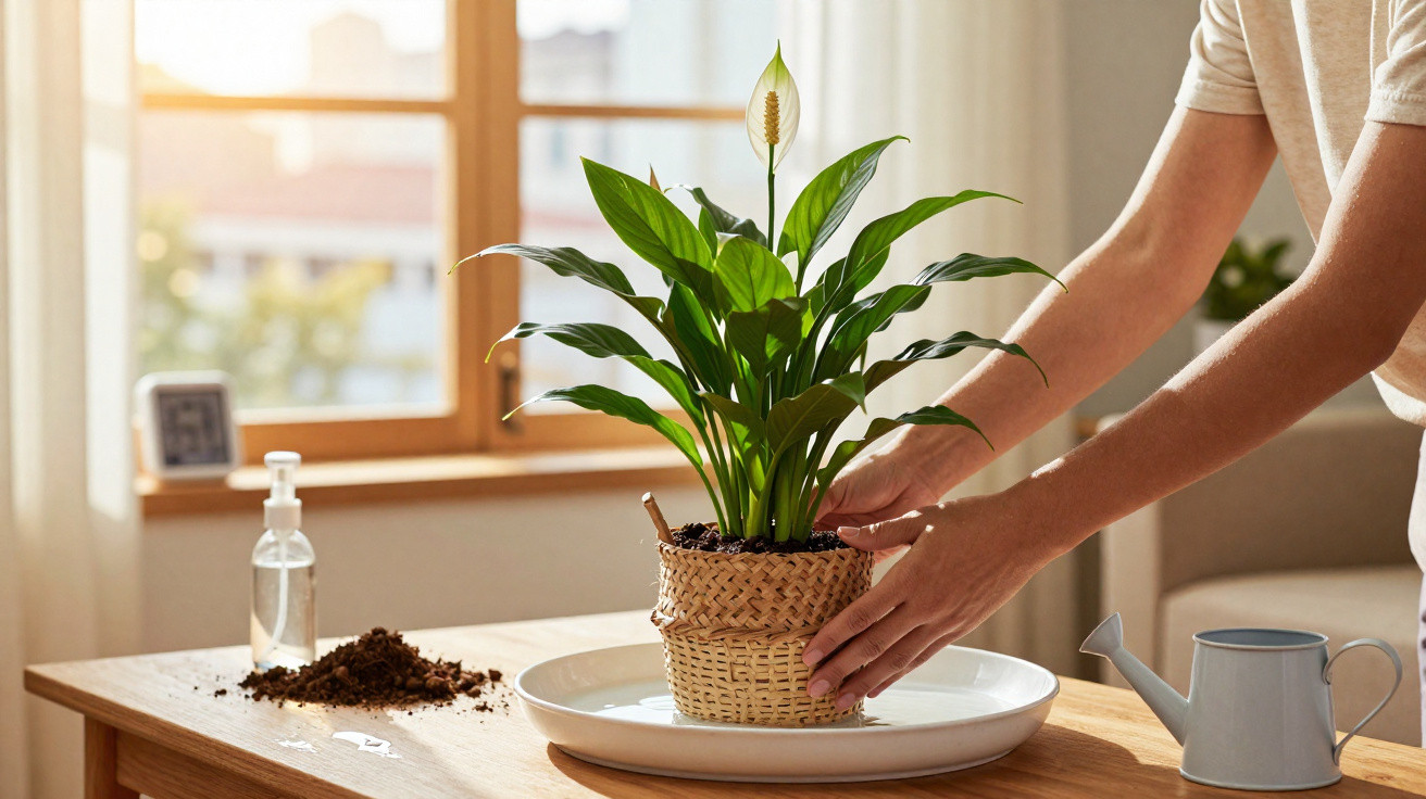 Pessoa cuidando de planta com vaso de palha sobre bandeja em mesa, perto de janela ensolarada.