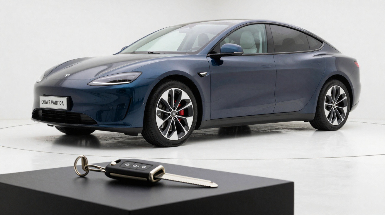 Carro elétrico azul Tesla estacionado em ambiente branco com chave tradicional em destaque.