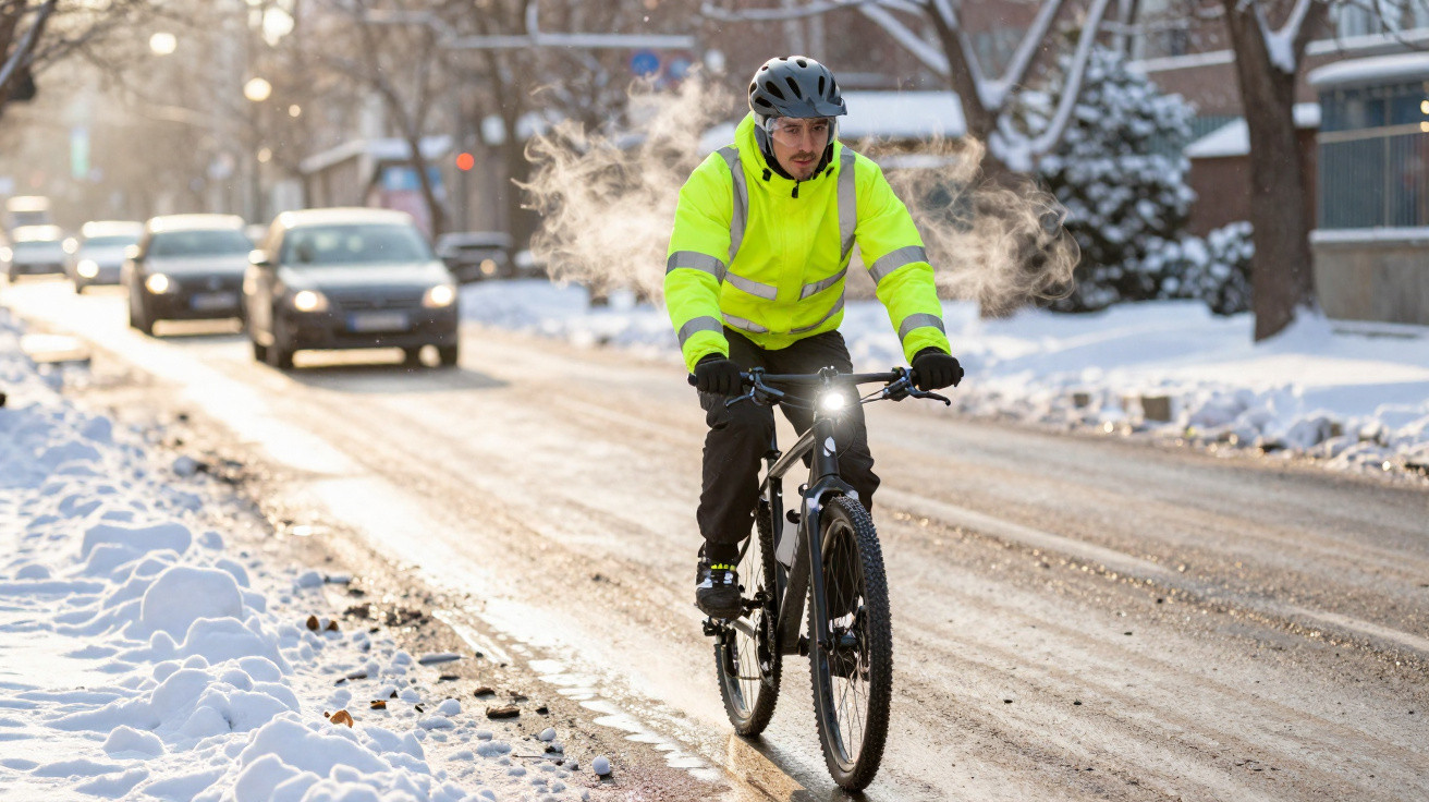 Homem com jaqueta amarela andando de bicicleta em rua com neve e carros ao fundo.