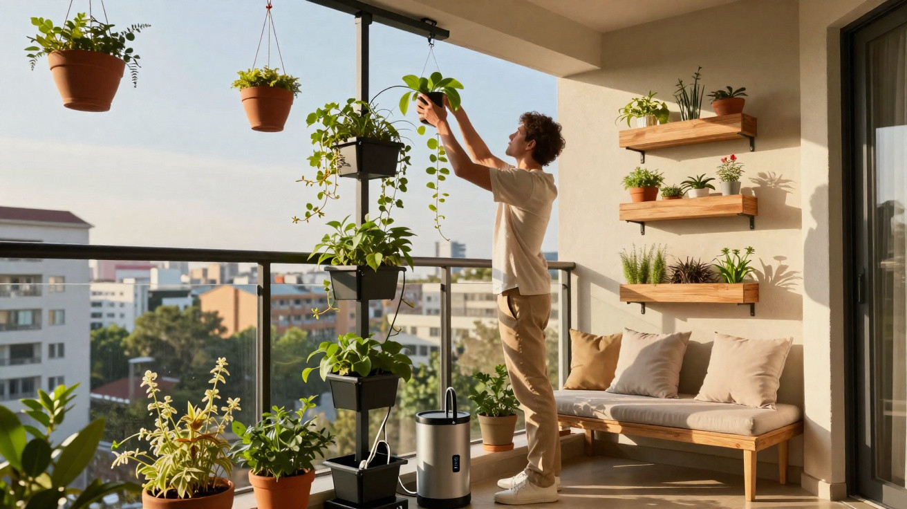 Pessoa cuidando de plantas em vasos pendurados e prateleiras em varanda iluminada pelo sol.
