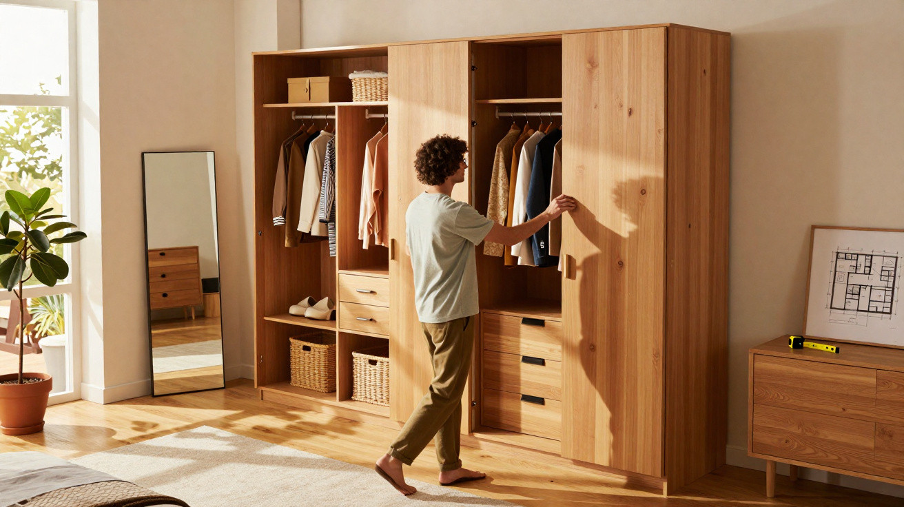 Pessoa abrindo guarda-roupa de madeira em quarto iluminado, com roupas e caixas organizadoras visíveis.