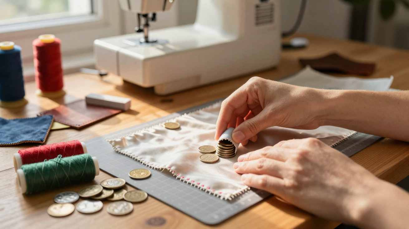 Mãos colocando moedas sobre tecido ao lado de máquina de costura, linhas coloridas e moedas espalhadas na mesa.