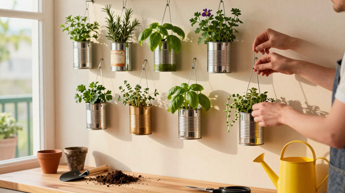 Mãos segurando planta pendurada em latas de metal com várias plantas em parede e regador amarelo.