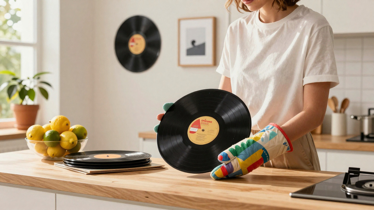 Pessoa segurando vinil com luva de forno em cozinha decorada com frutas e discos na parede.