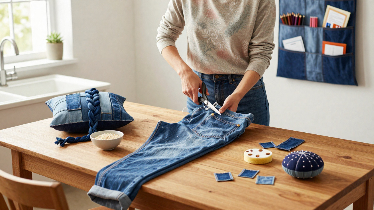 Pessoa cortando calça jeans com tesoura sobre mesa de madeira em ambiente iluminado.