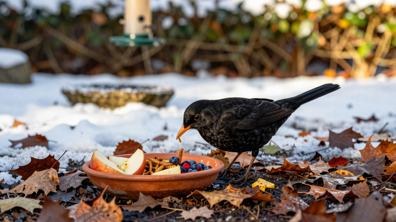 Pássaro preto com bico laranja se alimentando de frutas e larvas em prato no chão coberto de folhas secas e neve.