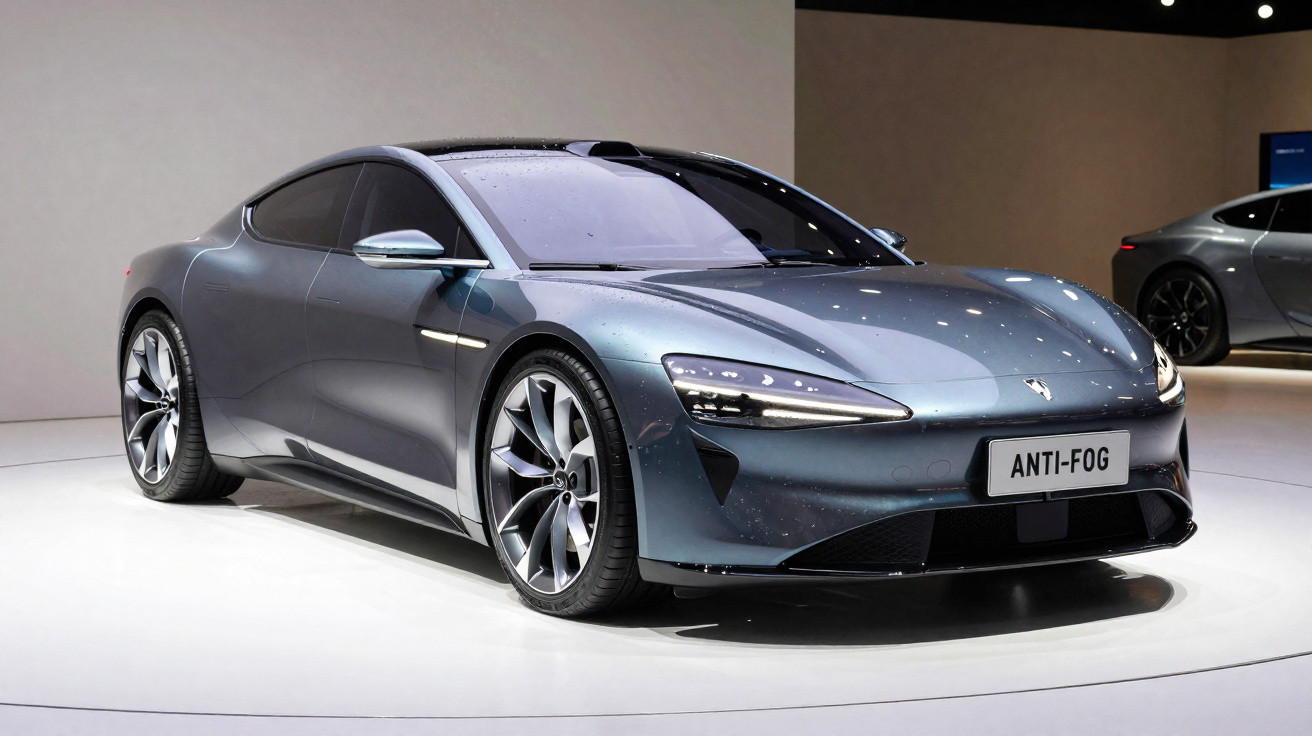 Carro esportivo elétrico cinza metálico exposto em ambiente interno com iluminação branca.