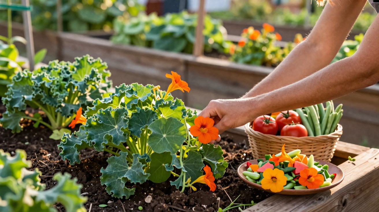 Mãos colhendo flores laranjas em jardim com cesta de tomates, vagens e prato com salada colorida.