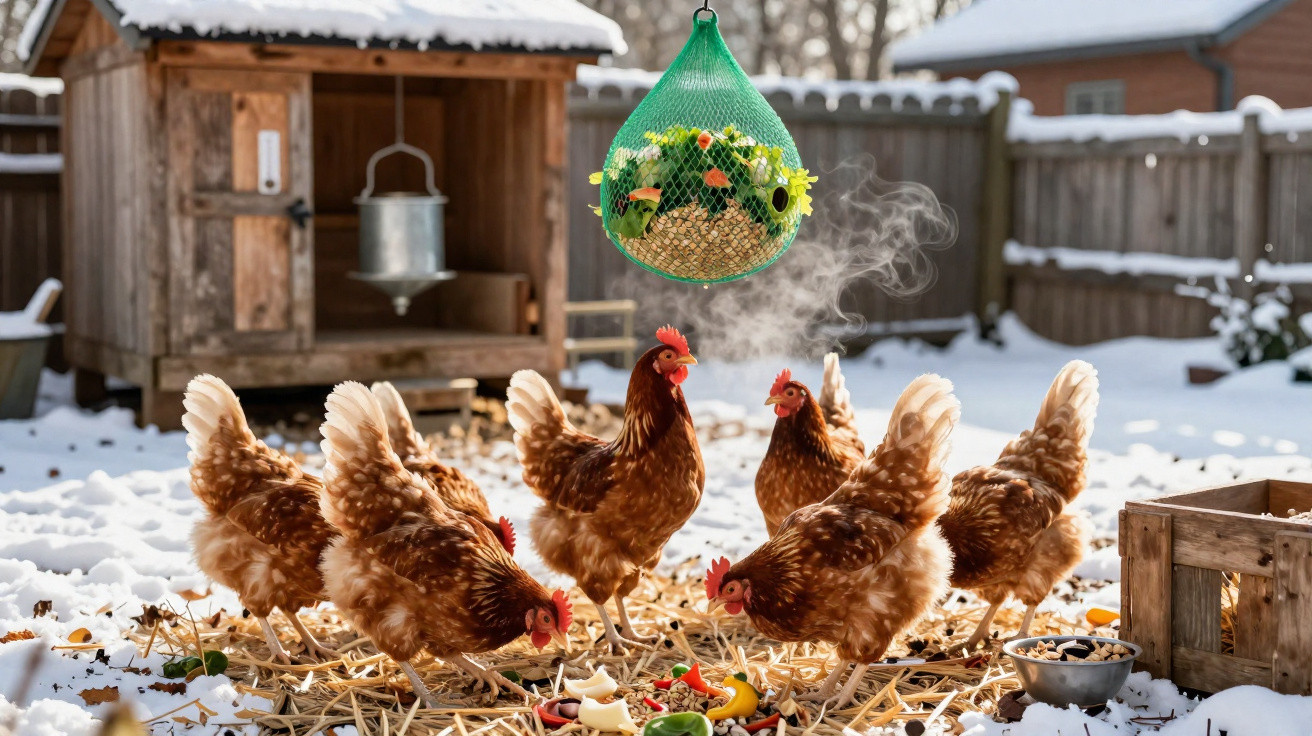 Galinha com penas marrons em um galinheiro coberto de neve alimentando-se de grãos suspensos.
