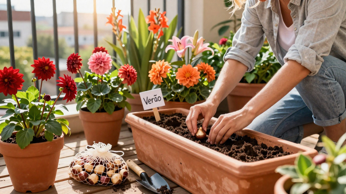 Pessoa plantando bulbos de flores em vaso de terra em varanda com plantas ao redor e placa "Verão"