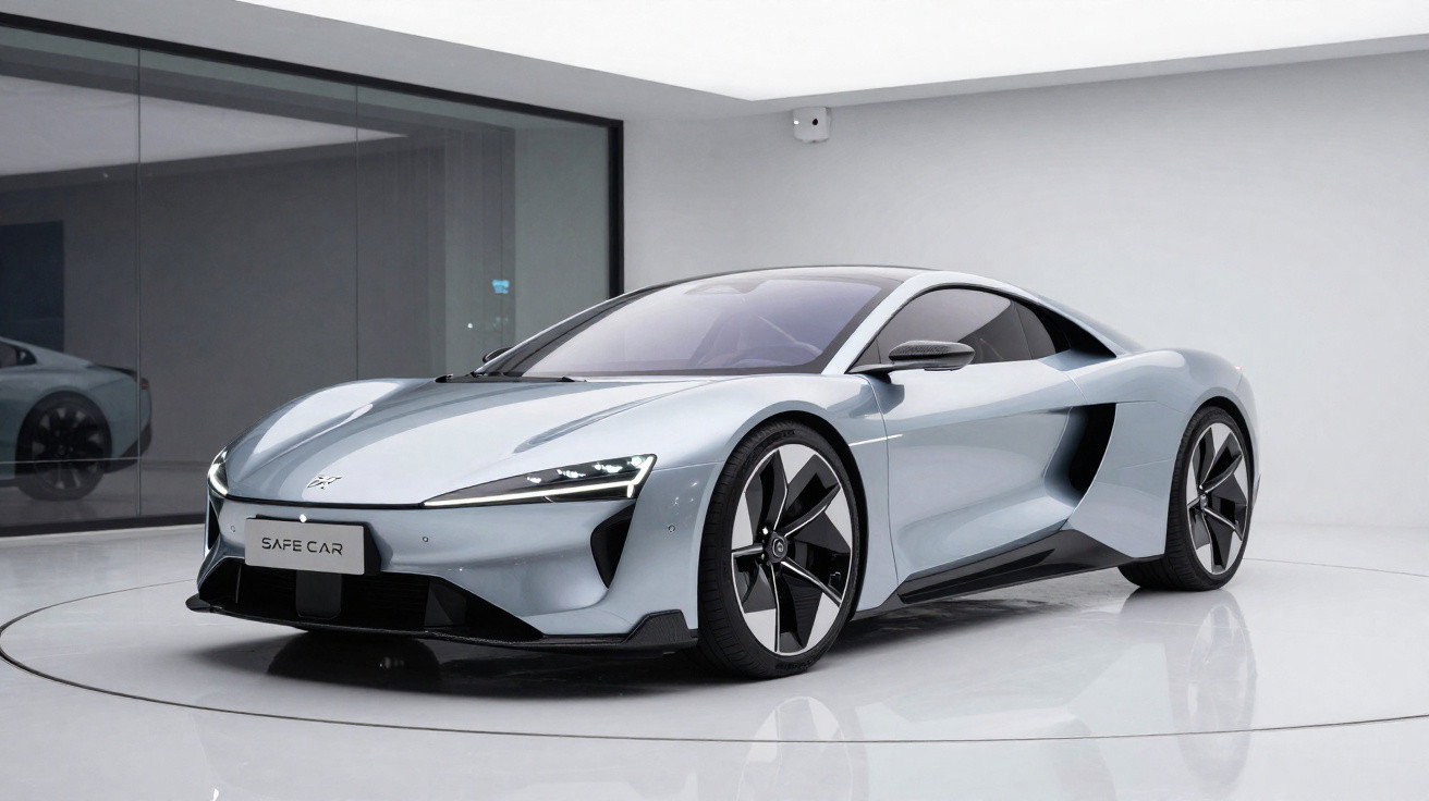 Carro esportivo prata futurista estacionado em ambiente interno minimalista com piso espelhado.