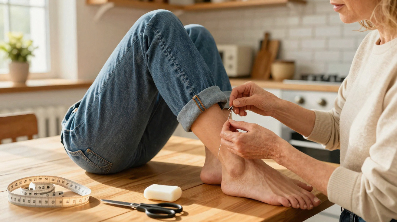 Pessoa enrolando a barra da calça jeans enquanto outra costura à mão em uma mesa de madeira.