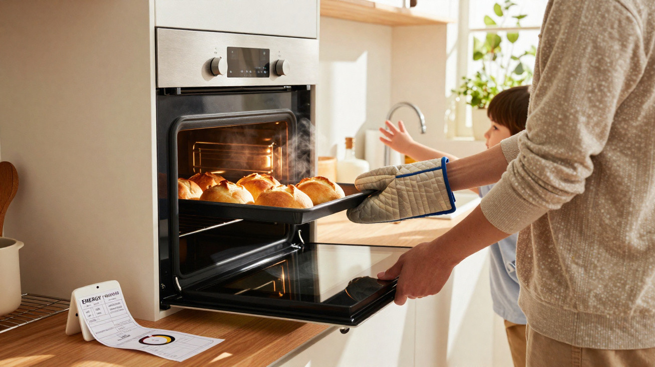 Pessoa retirando pão quente do forno em cozinha moderna com criança ao fundo e recibo sobre bancada de madeira.