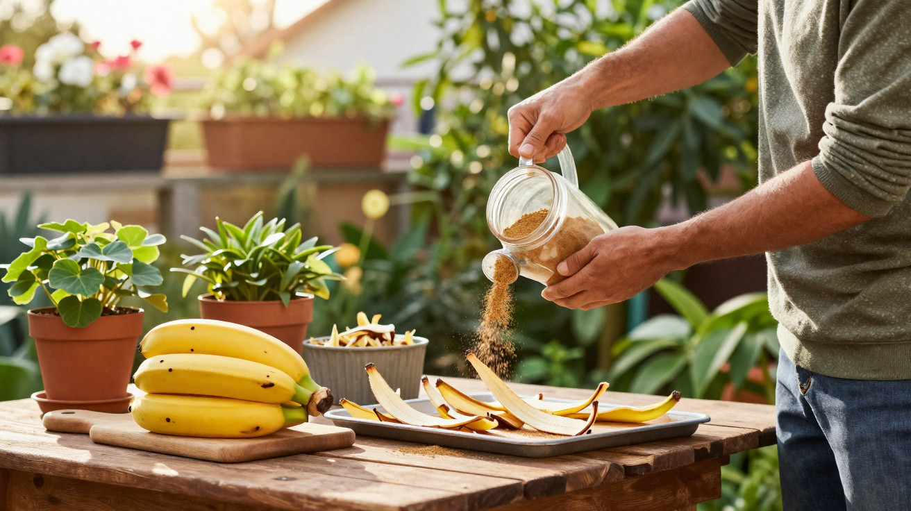 Pessoa temperando cascas de banana com especiarias em mesa de madeira com plantas ao redor.