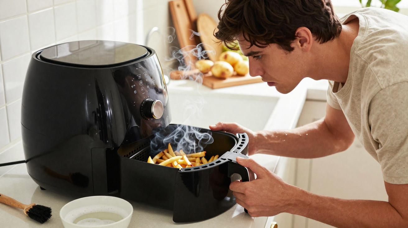 Homem olhando para batatas fritas quentes saindo de fritadeira elétrica preta na cozinha.