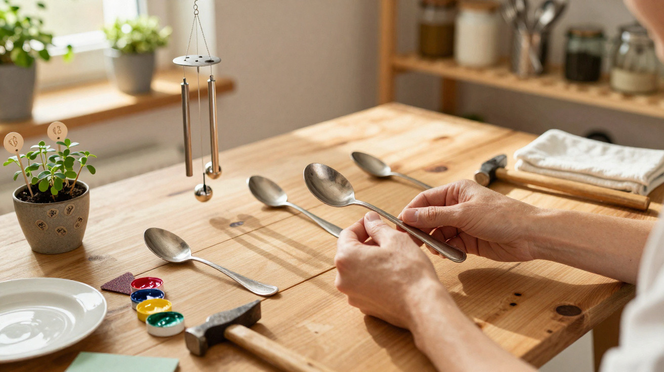 Pessoa segurando colher para fazer experiência com sons em mesa de madeira com martelo e tintas.