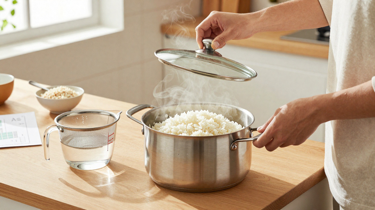Pessoa retirando tampa de panela com arroz branco cozido soltando vapor em cozinha iluminada.
