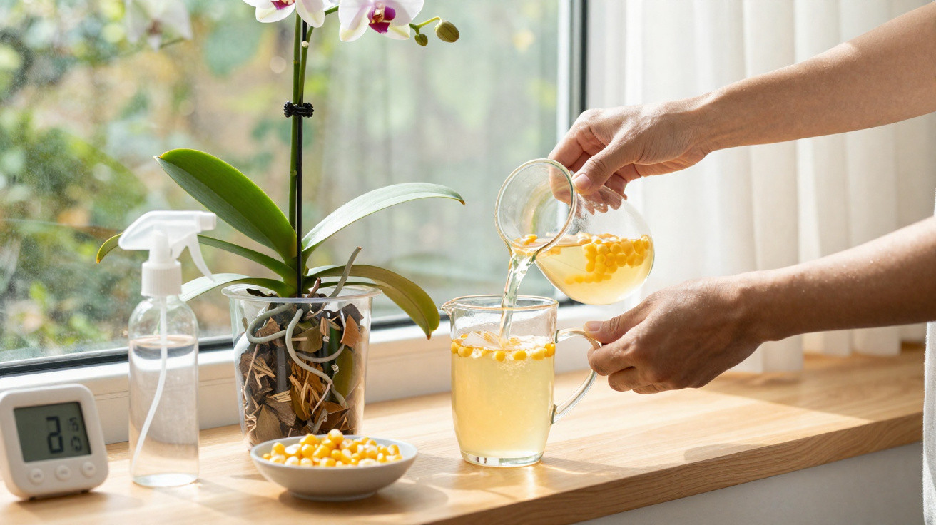 Pessoa derramando chá com bolhas amarelas em copo de vidro ao lado de orquídea em vaso transparente.