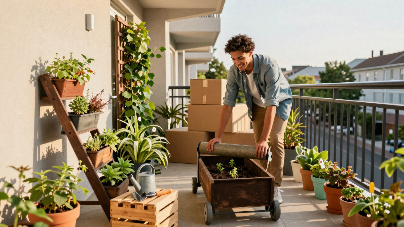 Jovem cuidando de jardim em varandão ensolarado com várias plantas em vasos e caixa de madeira com rodas.