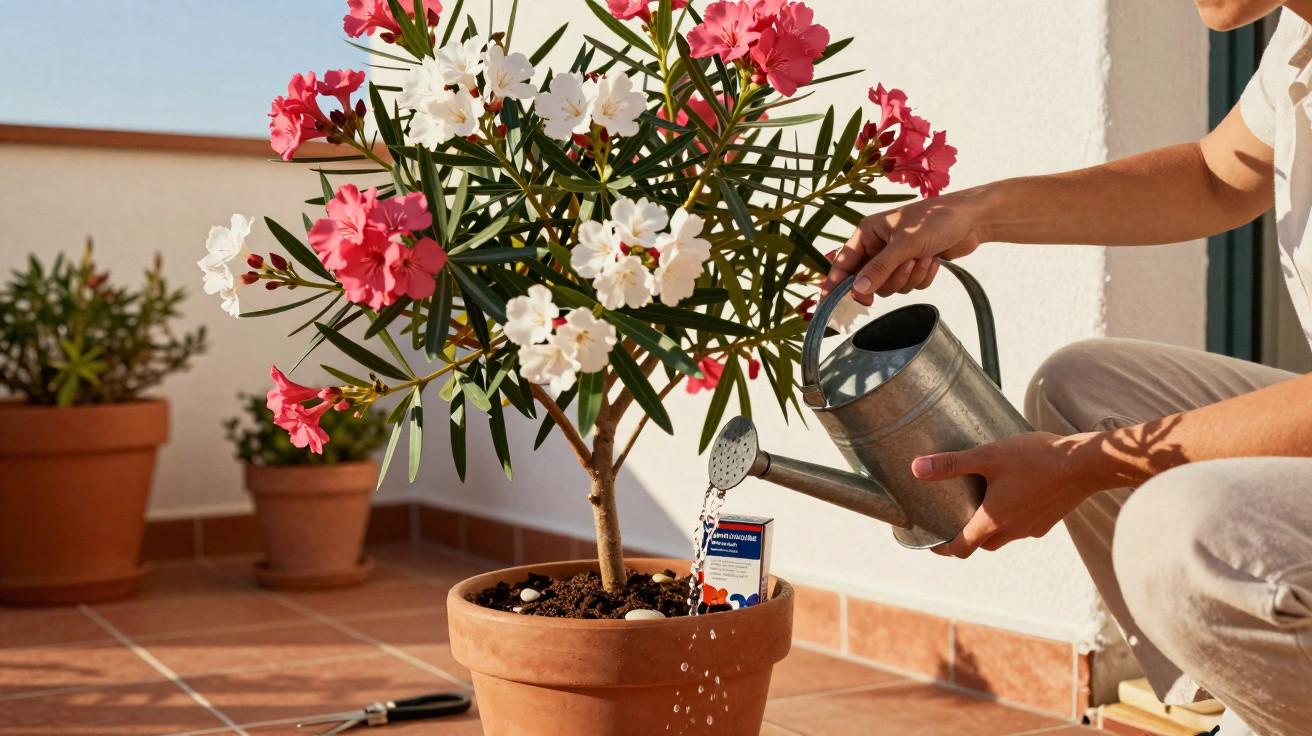 Pessoa regando planta com flores brancas e rosas em vaso de barro em varanda ensolarada.