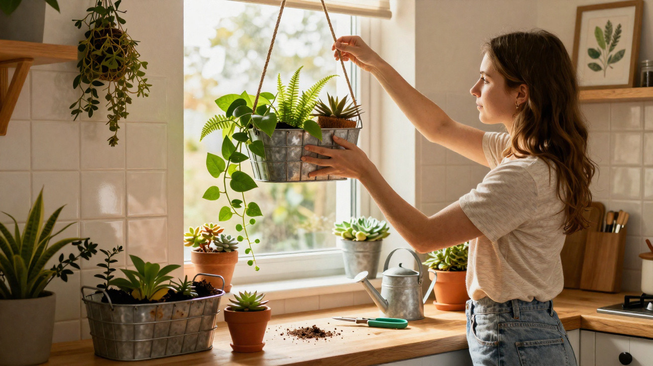 Mulher cuidando de plantas suculentas e pendurando jardim suspenso próximo à janela da cozinha.